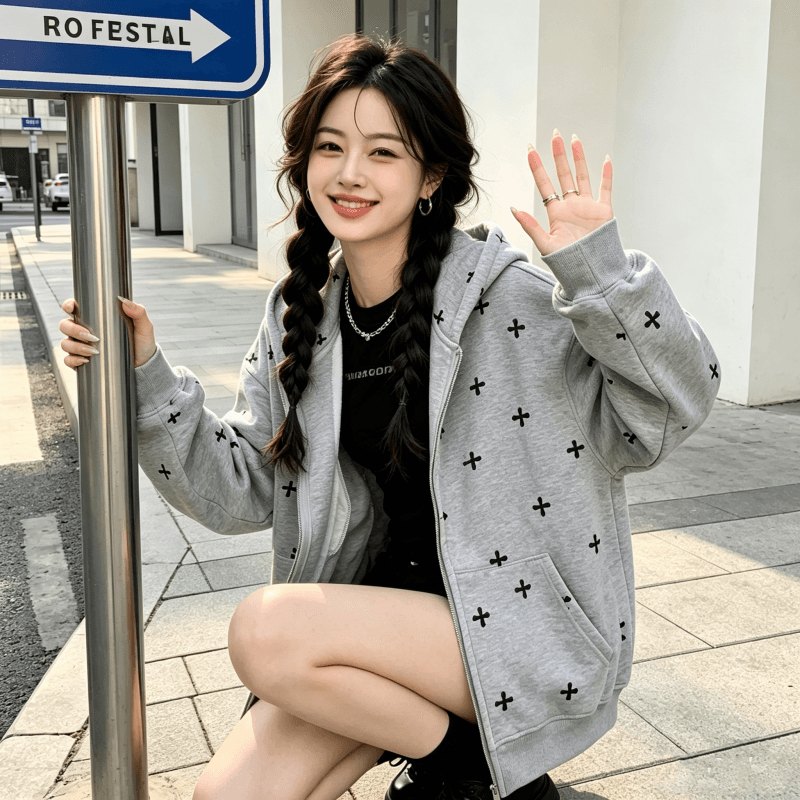 아메리칸 조수 브랜드 남녀 회색 후드 티 스웨터 여성 가을 2026 새로운 루즈핏 느긋한 바람 작은 대중 카디건 코트 상세 이미지 9