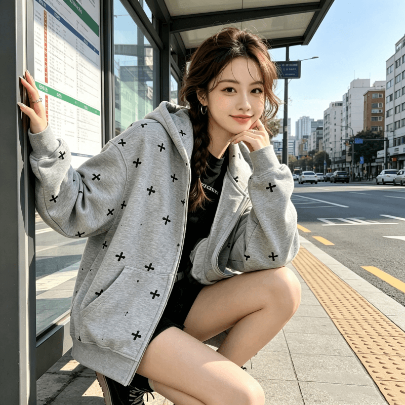 아메리칸 조수 브랜드 남녀 회색 후드 티 스웨터 여성 가을 2026 새로운 루즈핏 느긋한 바람 작은 대중 카디건 코트 상세 이미지 10