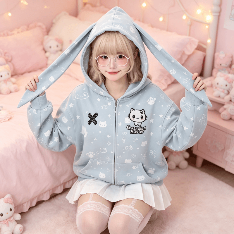 달콤한 자매 바람 토끼 귀 지퍼 후드티 여성 코트 루즈핏 oversize 후드 오픈 가디건 일상 캐주얼 긴팔 맨위 이미지 3