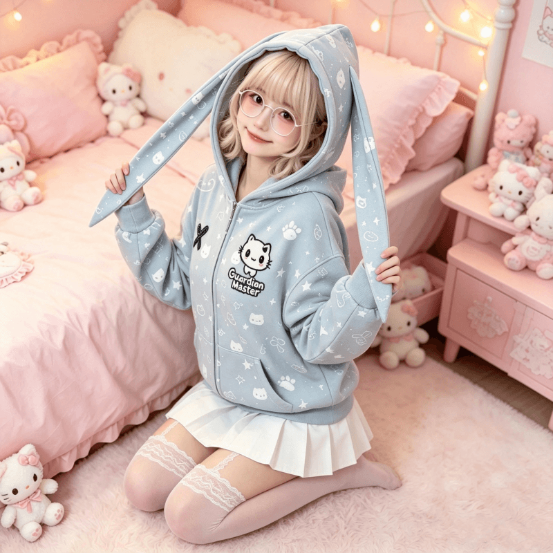 달콤한 자매 바람 토끼 귀 지퍼 후드티 여성 코트 루즈핏 oversize 후드 오픈 가디건 일상 캐주얼 긴팔 맨위 이미지 4