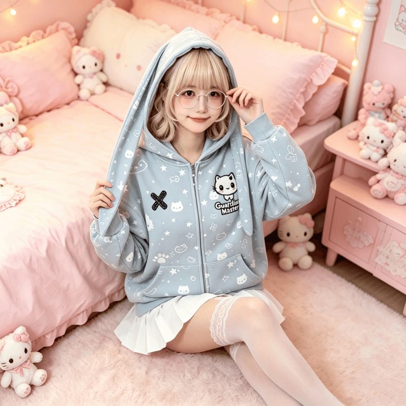 달콤한 자매 바람 토끼 귀 지퍼 후드티 여성 코트 루즈핏 oversize 후드 오픈 가디건 일상 캐주얼 긴팔 맨위 이미지 5