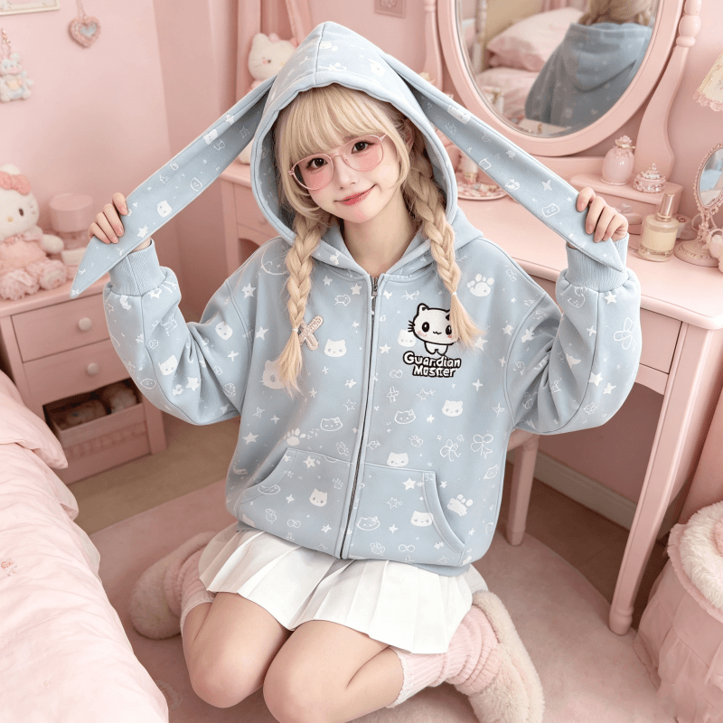 달콤한 자매 바람 토끼 귀 지퍼 후드티 여성 코트 루즈핏 oversize 후드 오픈 가디건 일상 캐주얼 긴팔 맨위 상세 이미지 4
