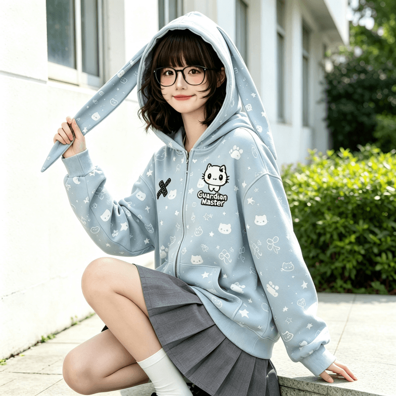 달콤한 자매 바람 토끼 귀 지퍼 후드티 여성 코트 루즈핏 oversize 후드 오픈 가디건 일상 캐주얼 긴팔 맨위 상세 이미지 5