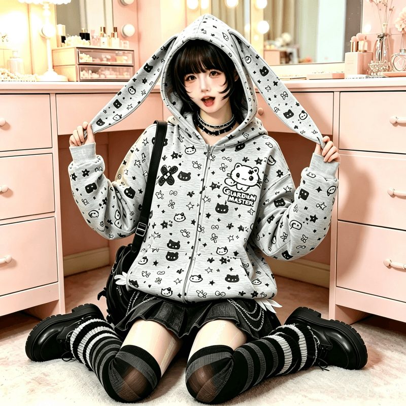 달콤한 자매 바람 토끼 귀 지퍼 후드티 여성 코트 루즈핏 oversize 후드 오픈 가디건 일상 캐주얼 긴팔 맨위 상세 이미지 10