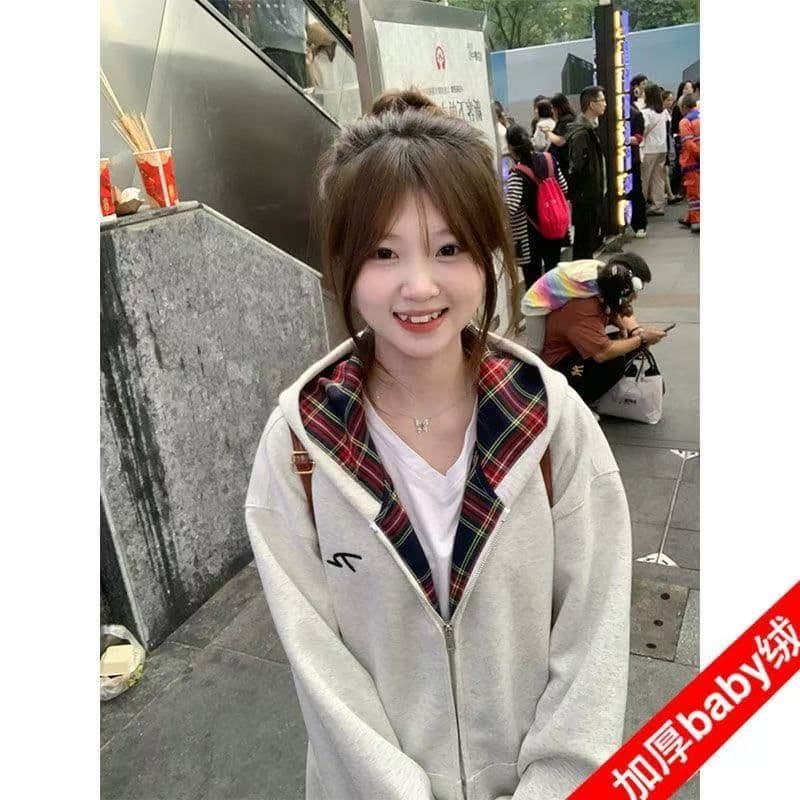 아메리칸 레트로 배색 체크무늬 지퍼 오픈 가디건 후드 티 스웨터 여성 2026 봄 가을 새로운 루즈핏 작은 키 재킷
