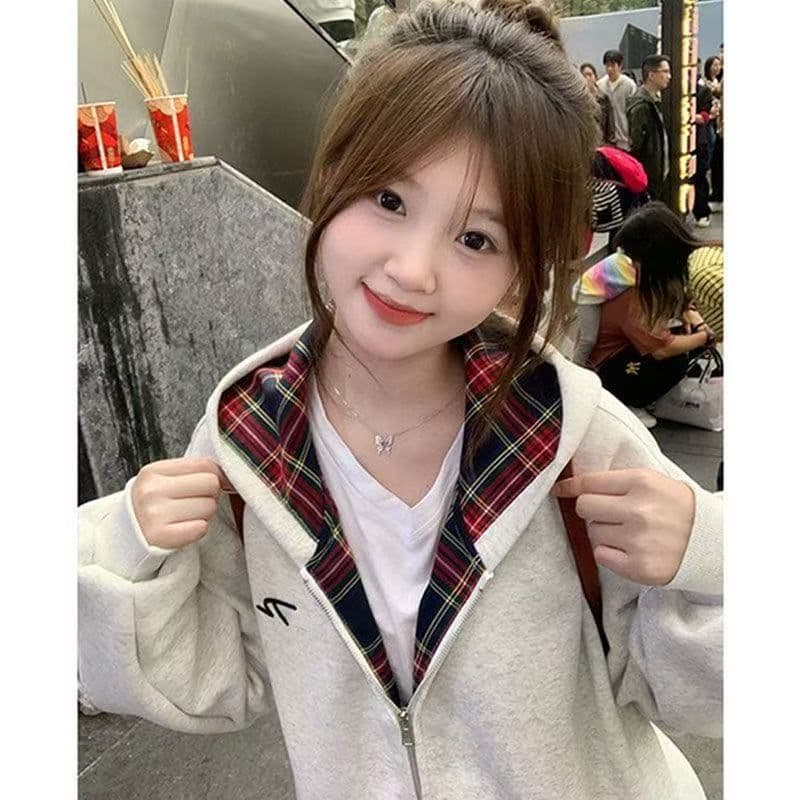 아메리칸 레트로 배색 체크무늬 지퍼 오픈 가디건 후드 티 스웨터 여성 2026 봄 가을 새로운 루즈핏 작은 키 재킷 이미지 4