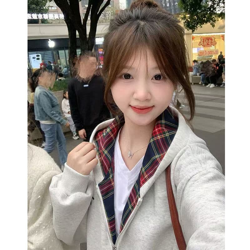 아메리칸 레트로 배색 체크무늬 지퍼 오픈 가디건 후드 티 스웨터 여성 2026 봄 가을 새로운 루즈핏 작은 키 재킷 이미지 2