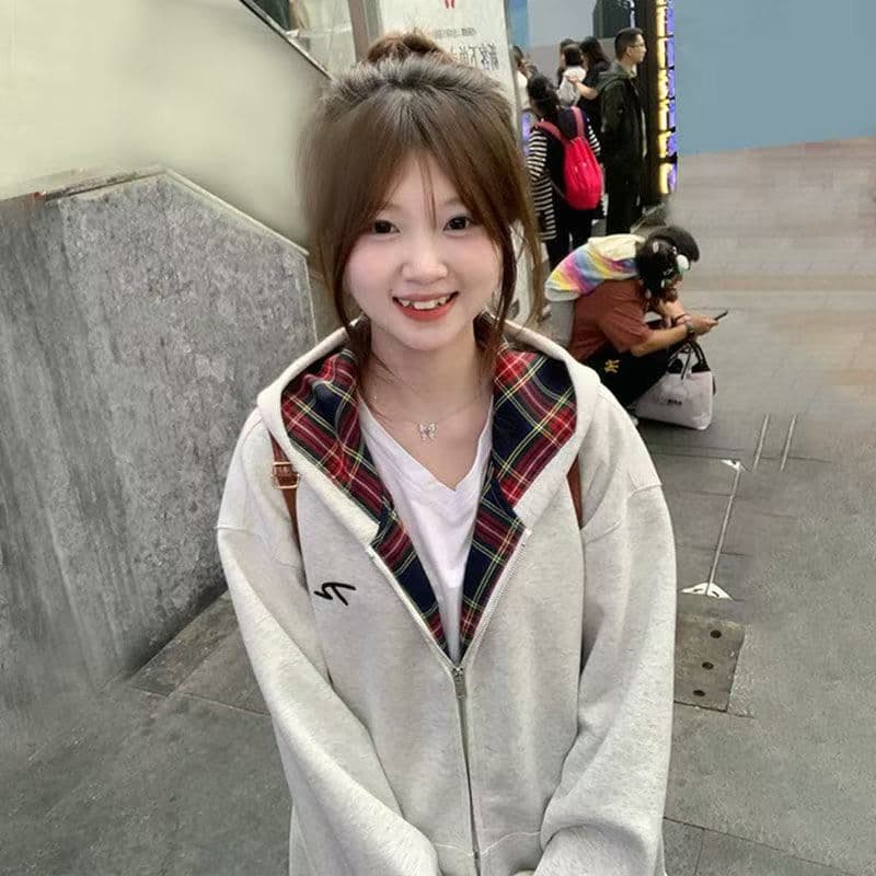 아메리칸 레트로 배색 체크무늬 지퍼 오픈 가디건 후드 티 스웨터 여성 2026 봄 가을 새로운 루즈핏 작은 키 재킷 상세 이미지 1