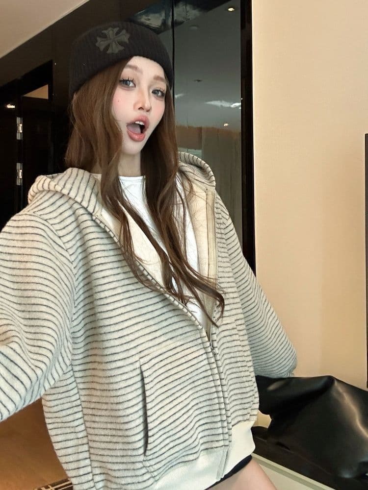 얇은 스타일 백금 지퍼 자수 이후 패키지 칼라 광저우 원본 원단 후드티 여성 상세 이미지 8
