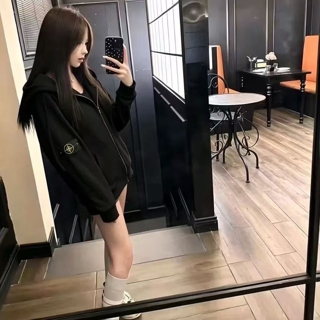 얇은 스타일 휘장 부형제 가죽 지퍼 헤드 이후 패키지 칼라 순수한 Mianhua 면 복합 후드티 여성 이미지 2
