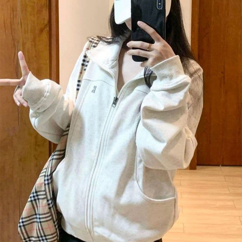 후아 면 복합 스탠드 칼라 오픈 가디건 후드티 여성 코트 아메리칸 느긋한 chic 캐주얼 재킷 지퍼 맨위 이미지 4