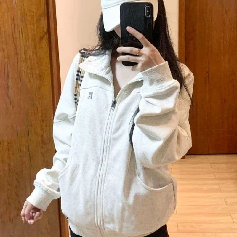 후아 면 복합 스탠드 칼라 오픈 가디건 후드티 여성 코트 아메리칸 느긋한 chic 캐주얼 재킷 지퍼 맨위