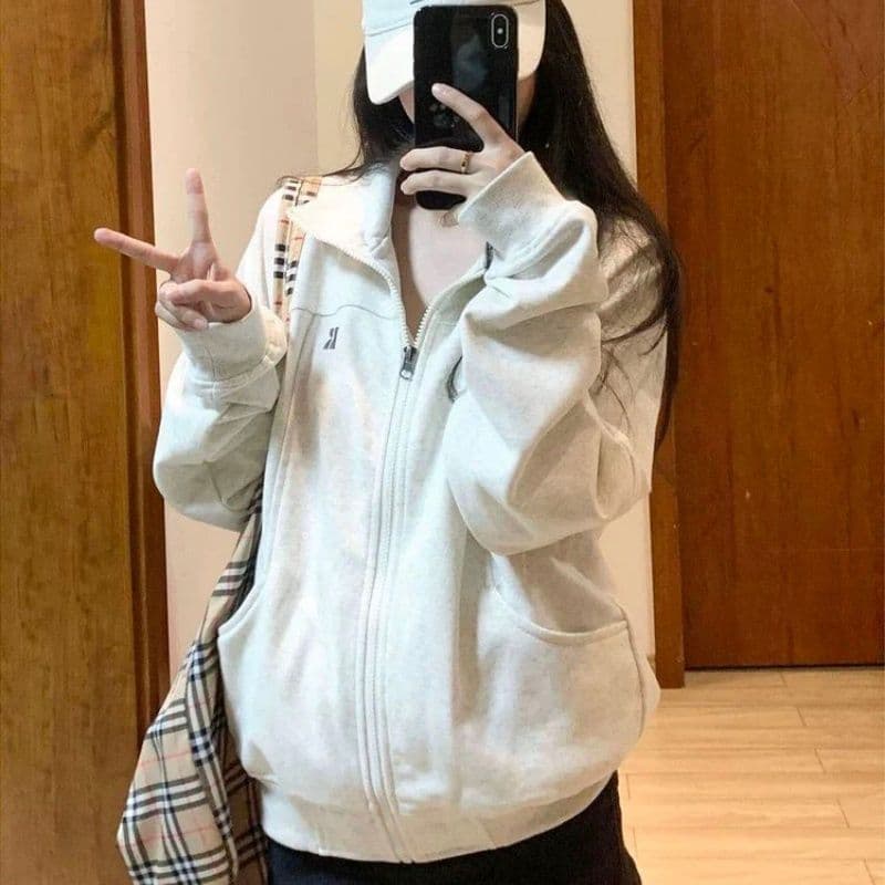 후아 면 복합 스탠드 칼라 오픈 가디건 후드티 여성 코트 아메리칸 느긋한 chic 캐주얼 재킷 지퍼 맨위 상세 이미지 3