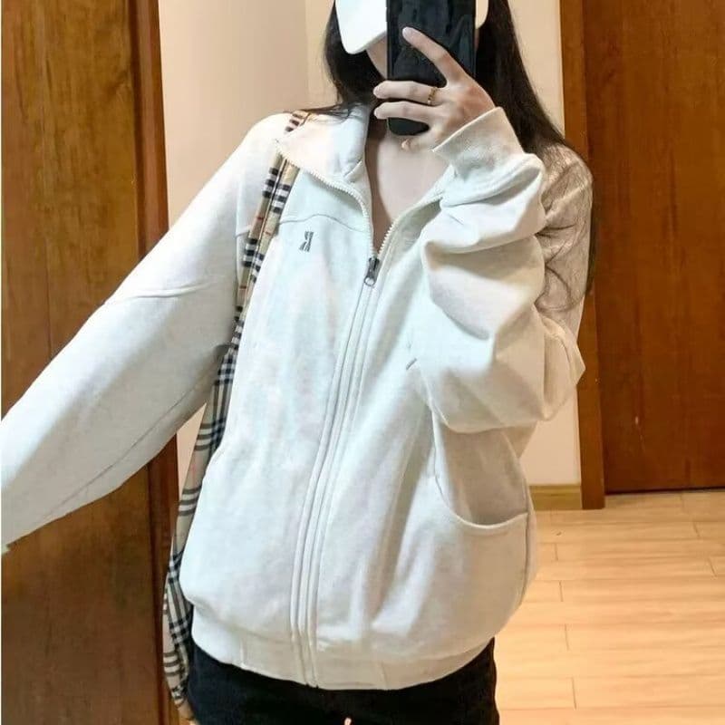 후아 면 복합 스탠드 칼라 오픈 가디건 후드티 여성 코트 아메리칸 느긋한 chic 캐주얼 재킷 지퍼 맨위 상세 이미지 5