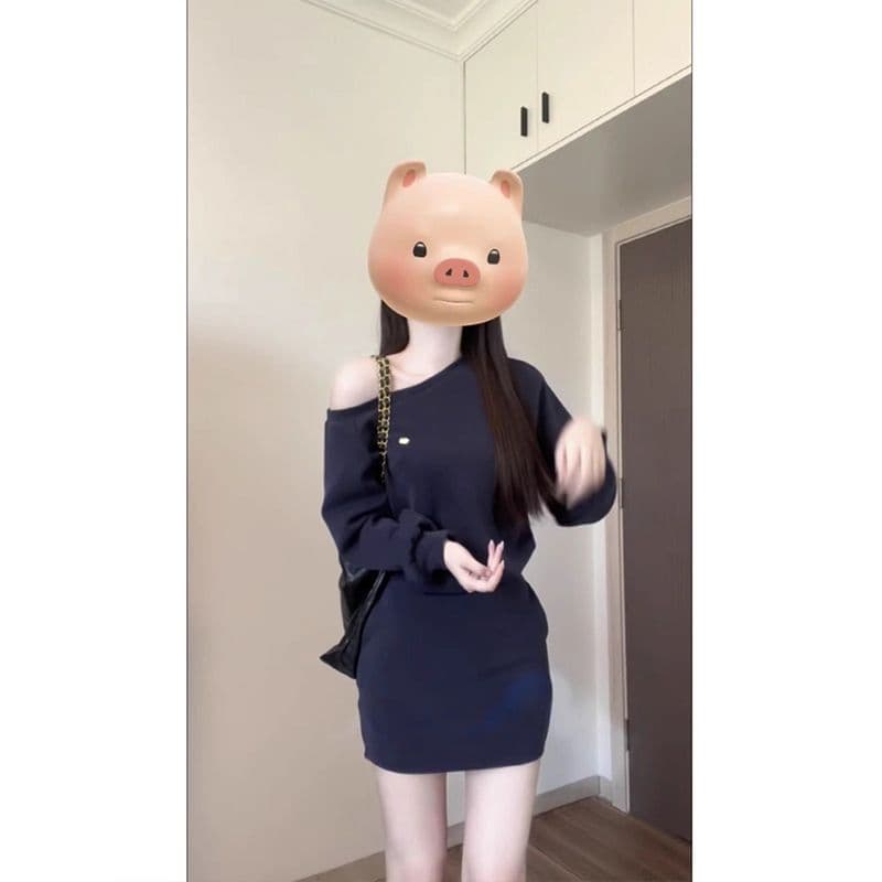 260 그램 사람들 면 원단 참나무 늑골 오프숄더 루즈핏 후드티 드레스 프랑스식 품격 비스듬한 어깨 이른 가을 짧은 치마 이미지 3