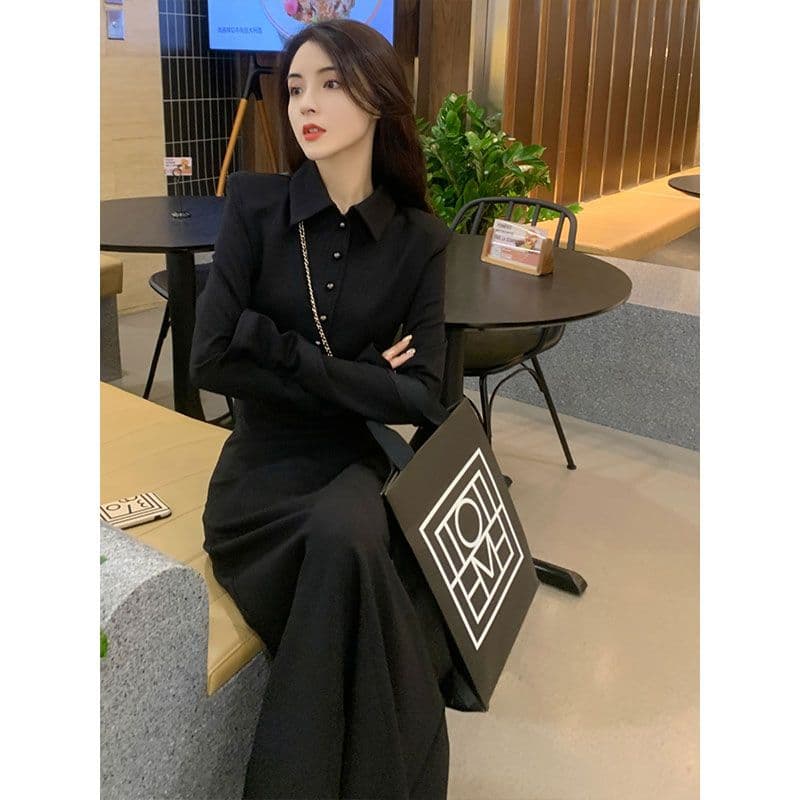 400g 사람들 면 빈 가스 층 벨트 어깨 패드 하나 한 부서 드레스 새로운 표지 고기 슬림해 보이는 디자인 센스 고귀한 블랙 치마 이미지 4