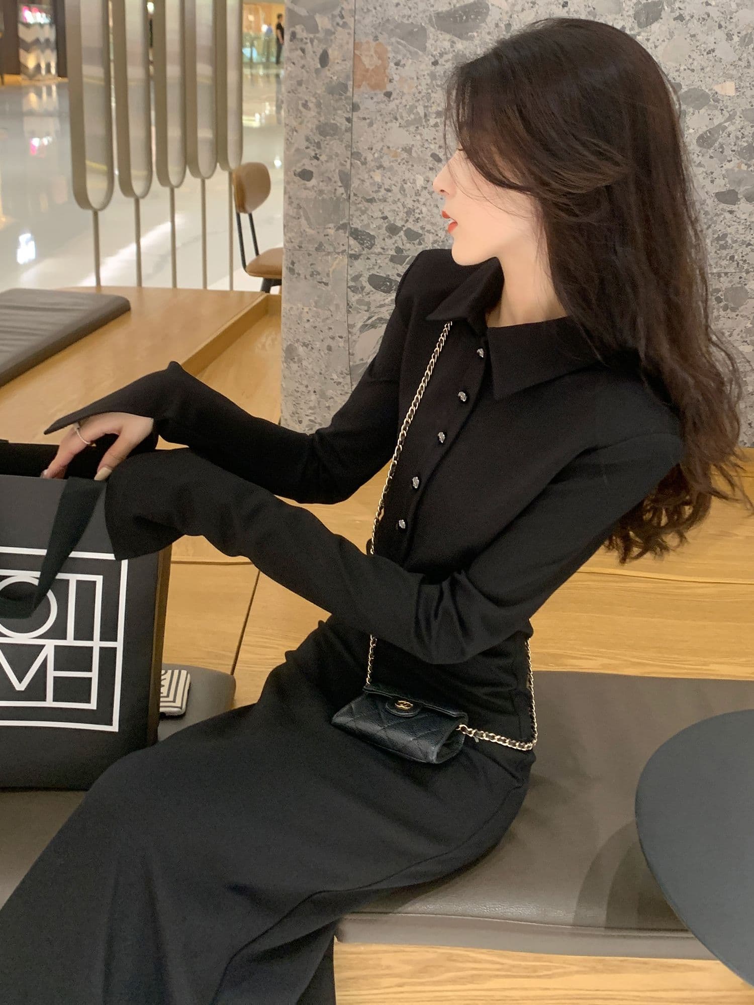 400g 사람들 면 빈 가스 층 벨트 어깨 패드 하나 한 부서 드레스 새로운 표지 고기 슬림해 보이는 디자인 센스 고귀한 블랙 치마 상세 이미지 3