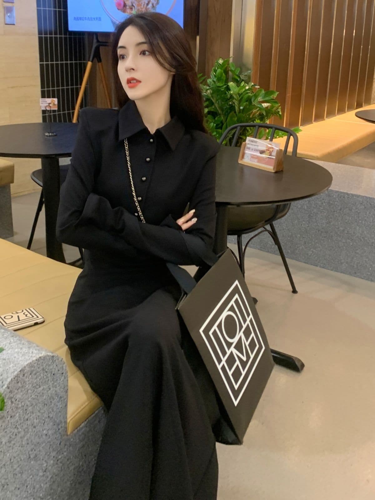 400g 사람들 면 빈 가스 층 벨트 어깨 패드 하나 한 부서 드레스 새로운 표지 고기 슬림해 보이는 디자인 센스 고귀한 블랙 치마 상세 이미지 5