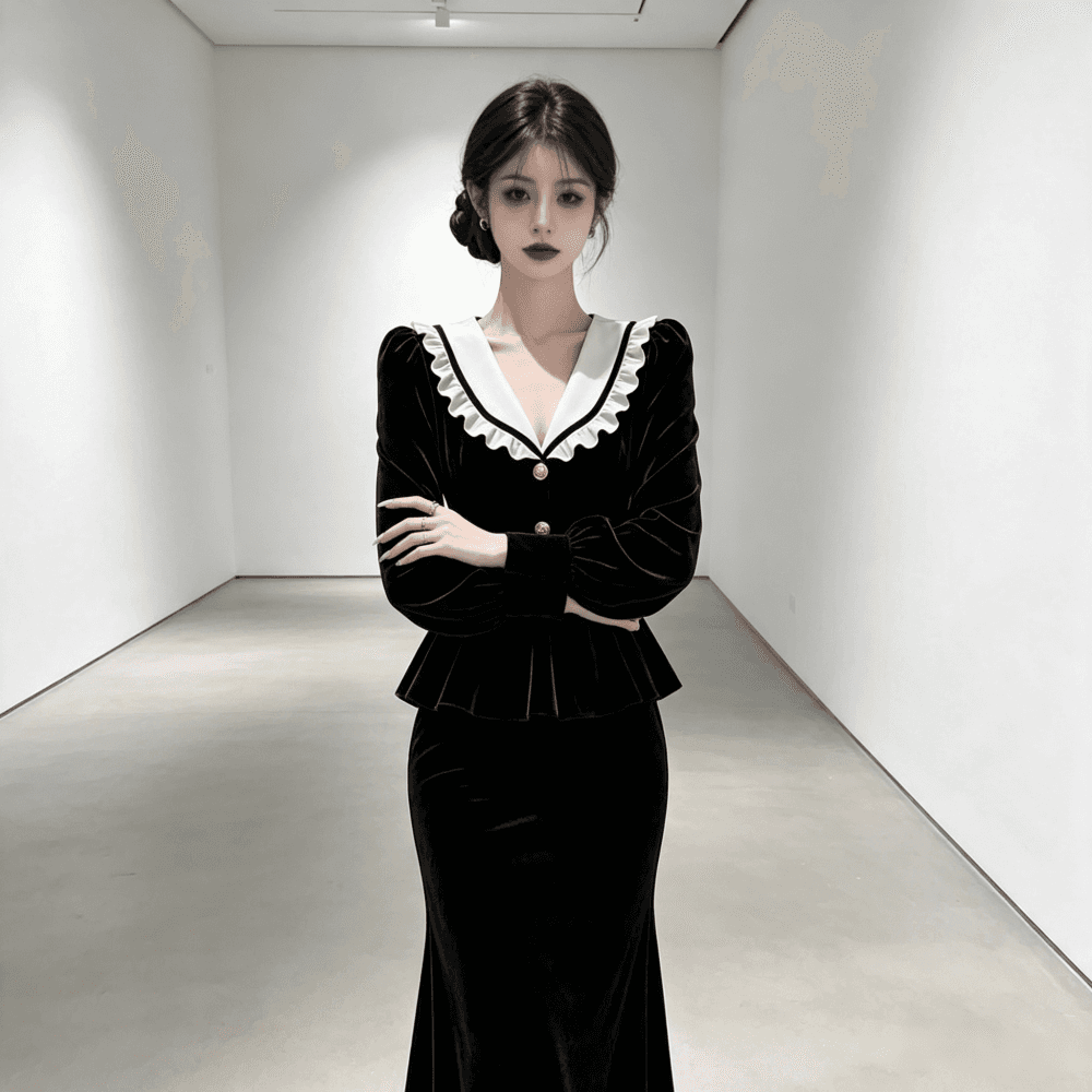 광저우 품질 느긋한 센스 베이비 칼라 긴팔 여성 드레스 가을 새로운 허리 수축 슬림해 보이는 한 마디 롱 스커트 이미지 5
