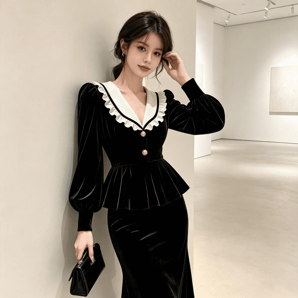 광저우 품질 느긋한 센스 베이비 칼라 긴팔 여성 드레스 가을 새로운 허리 수축 슬림해 보이는 한 마디 롱 스커트 상세 이미지 5