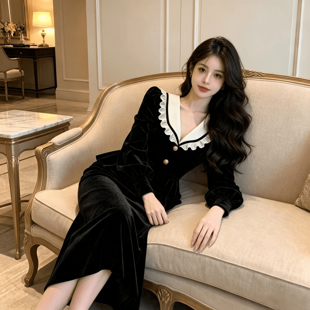 광저우 품질 느긋한 센스 베이비 칼라 긴팔 여성 드레스 가을 새로운 허리 수축 슬림해 보이는 한 마디 롱 스커트 상세 이미지 7