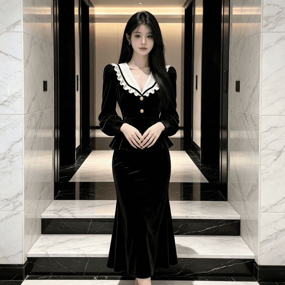 광저우 품질 느긋한 센스 베이비 칼라 긴팔 여성 드레스 가을 새로운 허리 수축 슬림해 보이는 한 마디 롱 스커트 상세 이미지 9