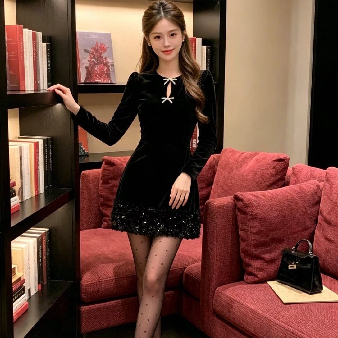 광저우 품질 그는 벤 천 금빛 바람 스팽글 벨벳 검정색 드레스 연례 회의 생일 party 행사 치마