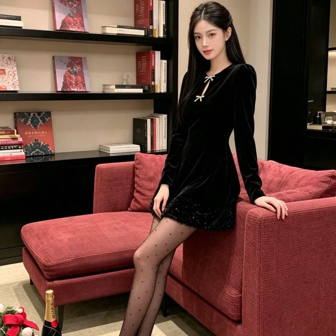 광저우 품질 그는 벤 천 금빛 바람 스팽글 벨벳 검정색 드레스 연례 회의 생일 party 행사 치마 상세 이미지 4
