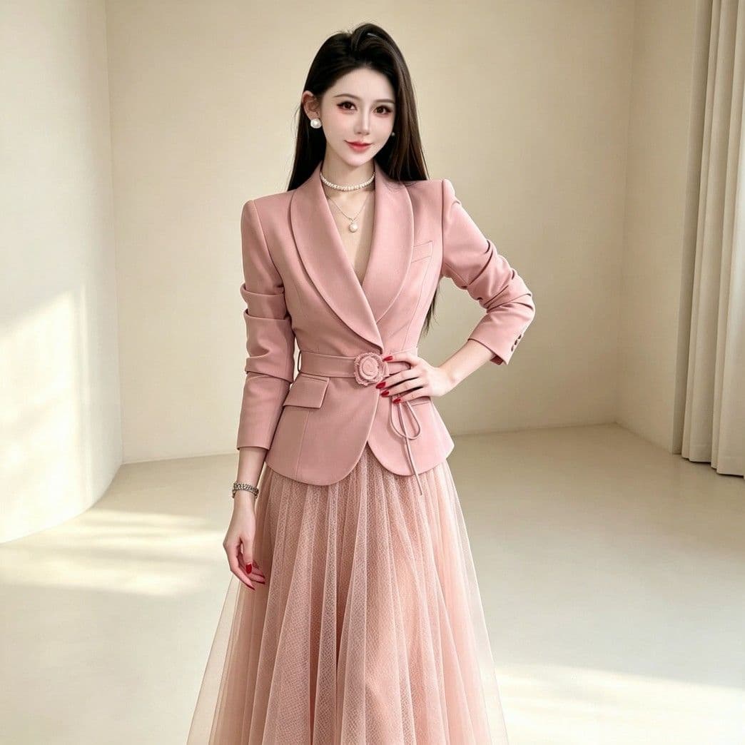 광저우 품질 프랑스식 부드러운 바람 정장 거즈 스커트 품격 치마 세트 2 세트 새로운 가을 2026 이미지 2