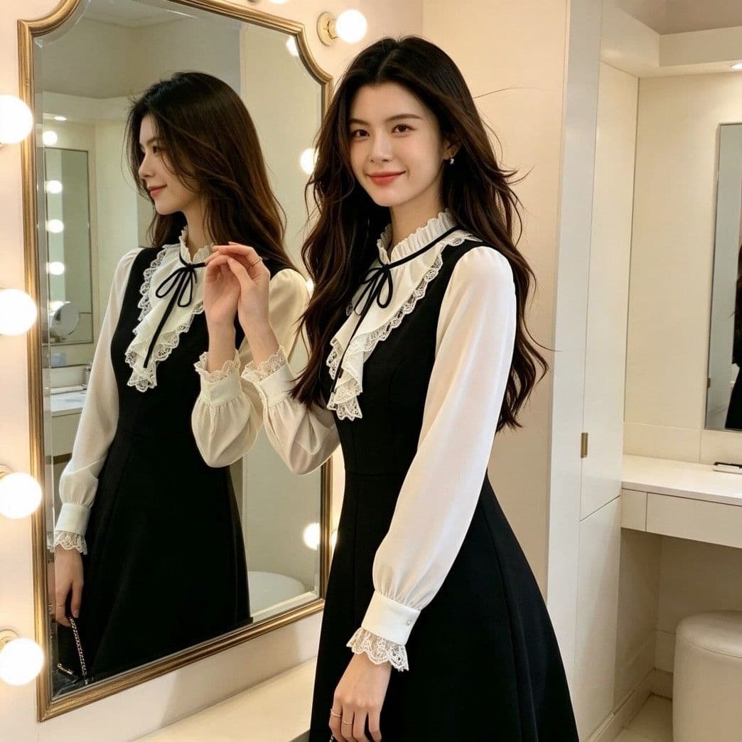 광저우 품질 페이크 레이어드 셔츠 칼라 슬림해 보이는 긴팔 검정색 드레스 작은 키 봄 가을 2026 이미지 2