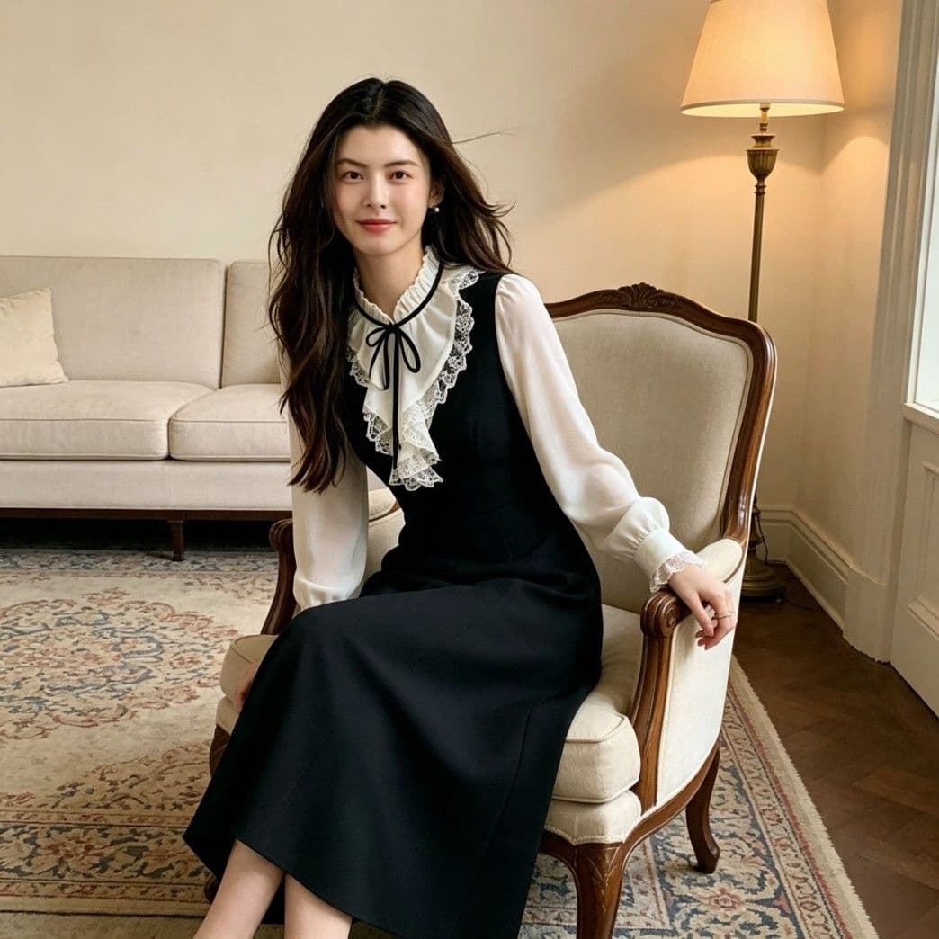 광저우 품질 페이크 레이어드 셔츠 칼라 슬림해 보이는 긴팔 검정색 드레스 작은 키 봄 가을 2026 이미지 5