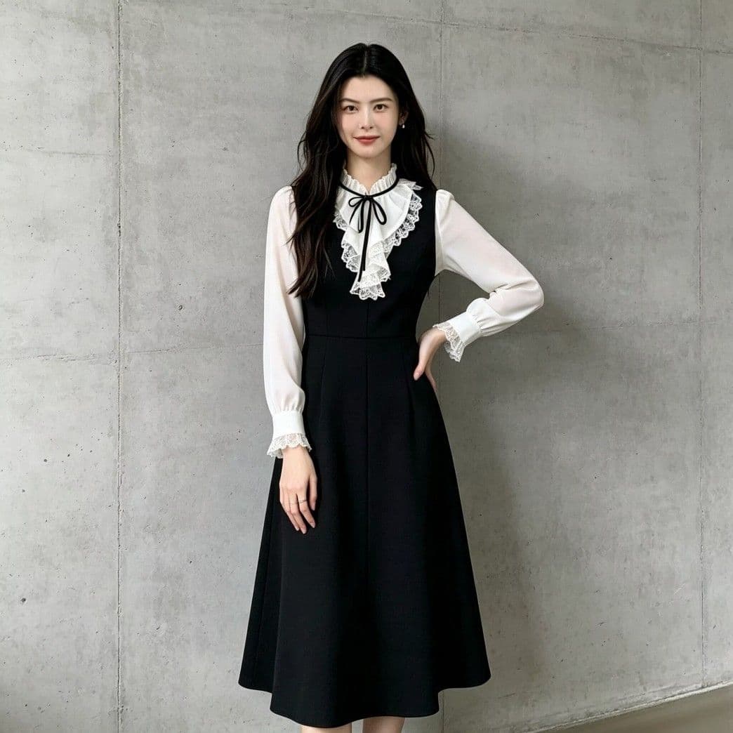 광저우 품질 페이크 레이어드 셔츠 칼라 슬림해 보이는 긴팔 검정색 드레스 작은 키 봄 가을 2026