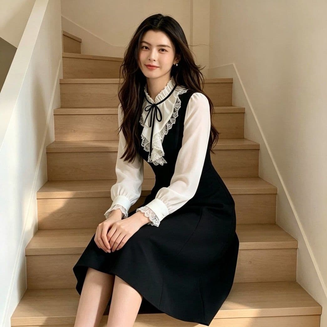 광저우 품질 페이크 레이어드 셔츠 칼라 슬림해 보이는 긴팔 검정색 드레스 작은 키 봄 가을 2026 이미지 3