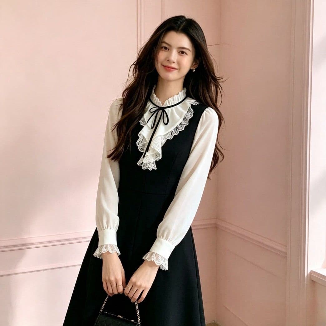 광저우 품질 페이크 레이어드 셔츠 칼라 슬림해 보이는 긴팔 검정색 드레스 작은 키 봄 가을 2026 상세 이미지 1