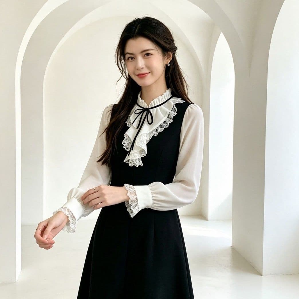 광저우 품질 페이크 레이어드 셔츠 칼라 슬림해 보이는 긴팔 검정색 드레스 작은 키 봄 가을 2026 상세 이미지 2