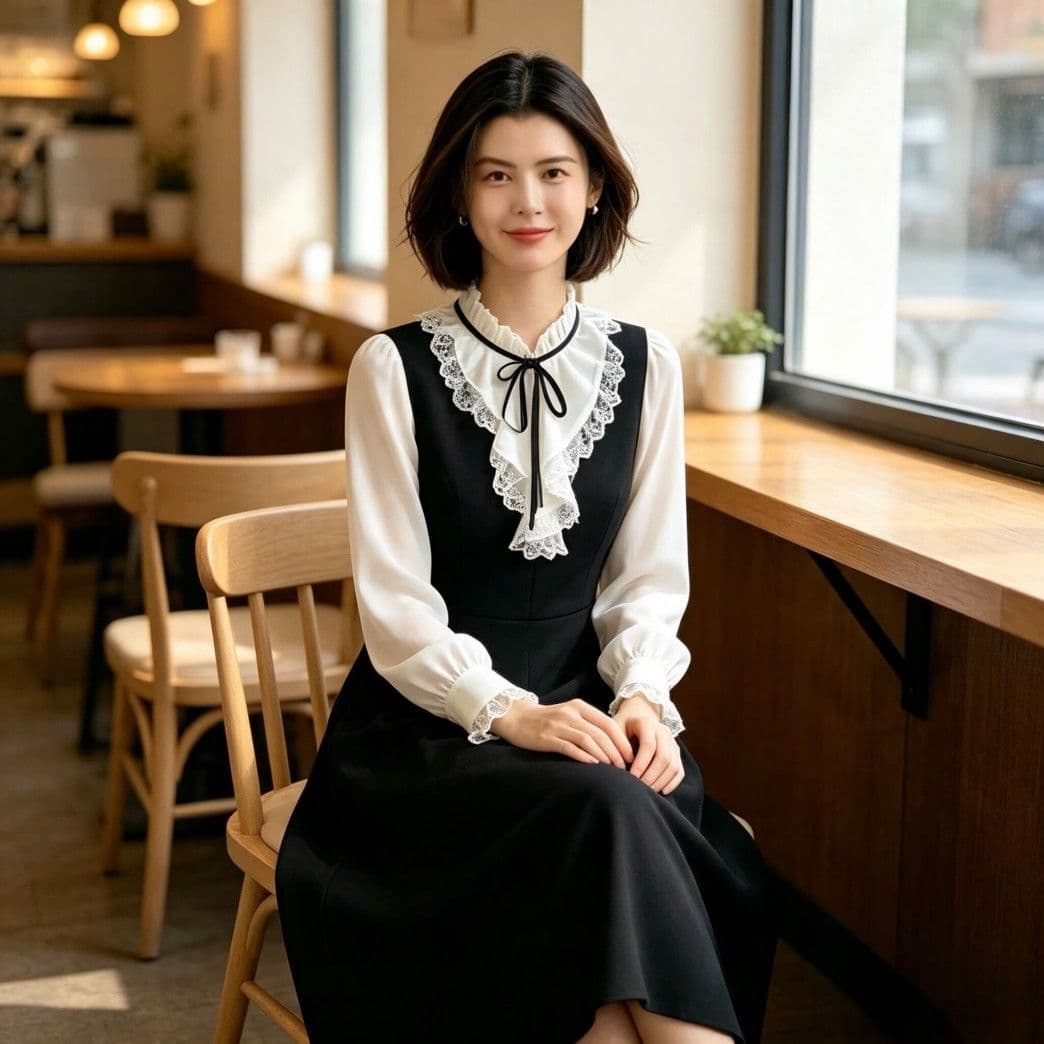광저우 품질 페이크 레이어드 셔츠 칼라 슬림해 보이는 긴팔 검정색 드레스 작은 키 봄 가을 2026 상세 이미지 3