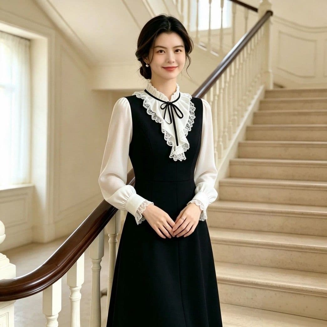 광저우 품질 페이크 레이어드 셔츠 칼라 슬림해 보이는 긴팔 검정색 드레스 작은 키 봄 가을 2026 상세 이미지 4