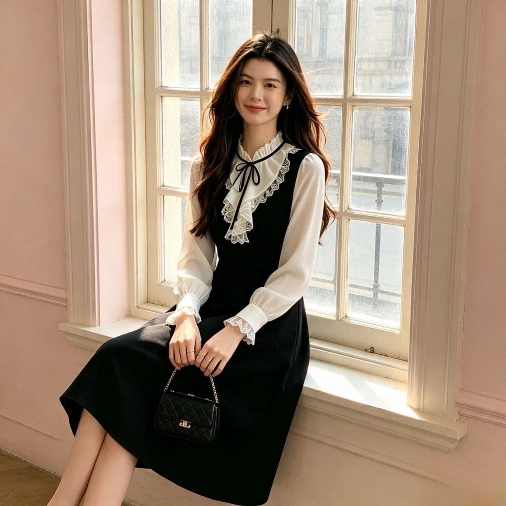 광저우 품질 페이크 레이어드 셔츠 칼라 슬림해 보이는 긴팔 검정색 드레스 작은 키 봄 가을 2026 상세 이미지 5