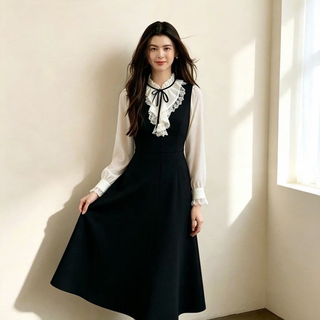 광저우 품질 페이크 레이어드 셔츠 칼라 슬림해 보이는 긴팔 검정색 드레스 작은 키 봄 가을 2026 상세 이미지 6