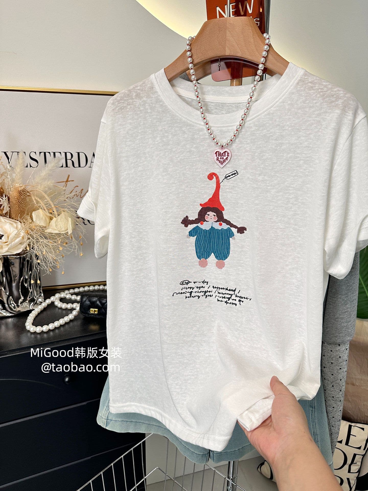 눈꽃 면 특별 빅 사이즈 300 근 한 부서 빨간 모자 소녀 프린트 루즈핏 눈꽃 면 티셔츠 여성 여름 상세 이미지 6