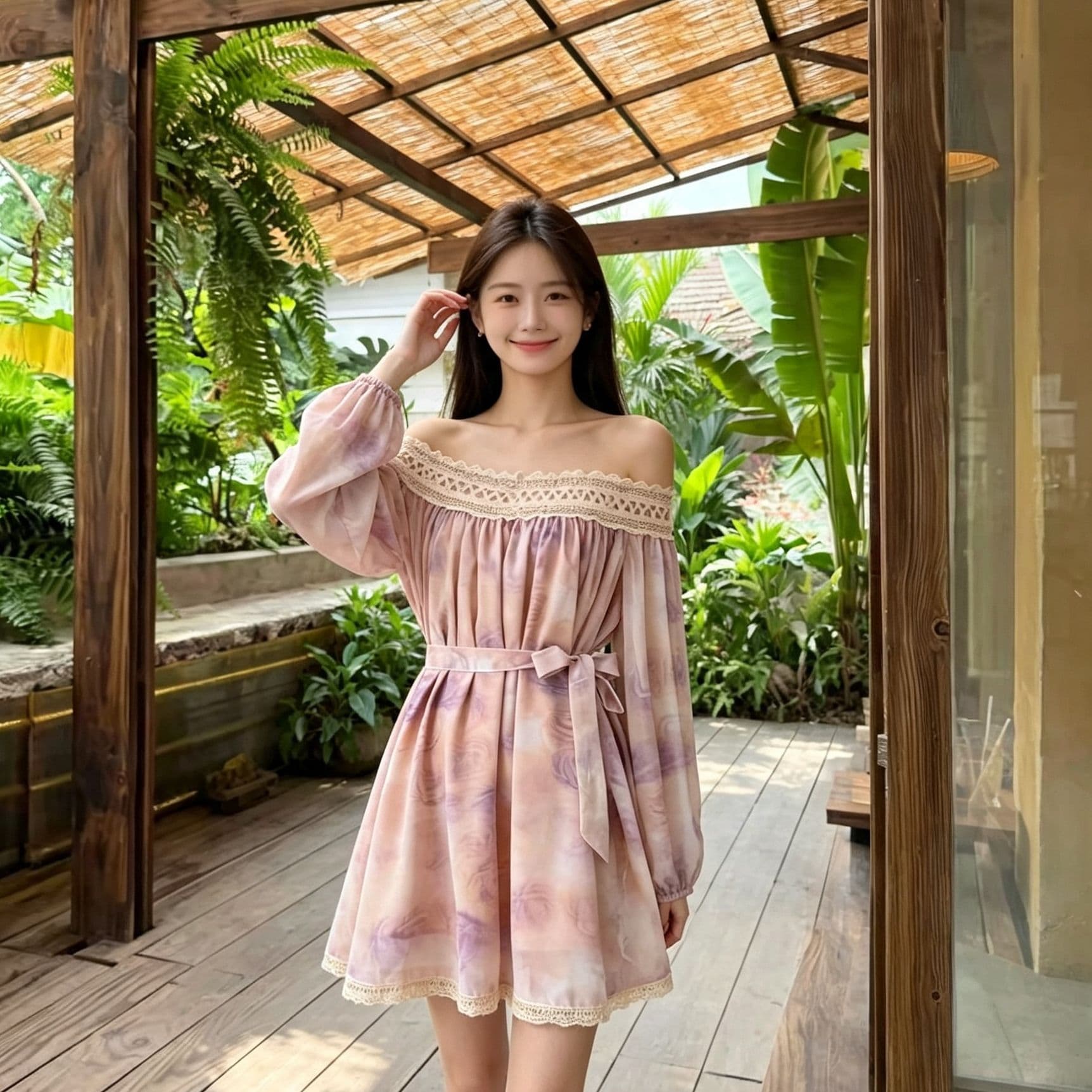 부드러운 분말 보라색 헤일로 염색 오프숄더 여성 드레스 레이스 레이스 버블 긴팔 허리 수축 레이스업 미니 스커트 휴가 분위기 이미지 5