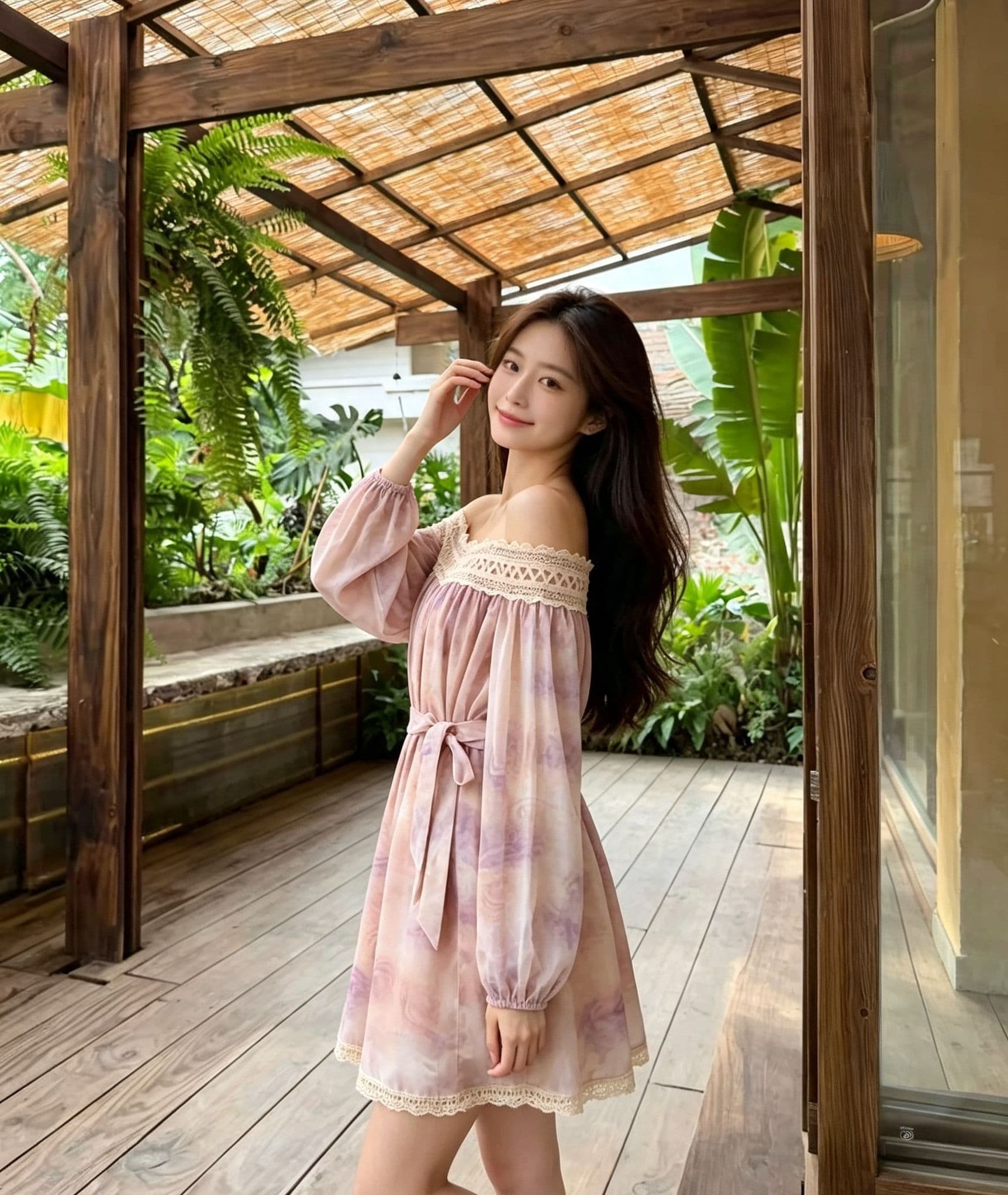 부드러운 분말 보라색 헤일로 염색 오프숄더 여성 드레스 레이스 레이스 버블 긴팔 허리 수축 레이스업 미니 스커트 휴가 분위기 상세 이미지 1