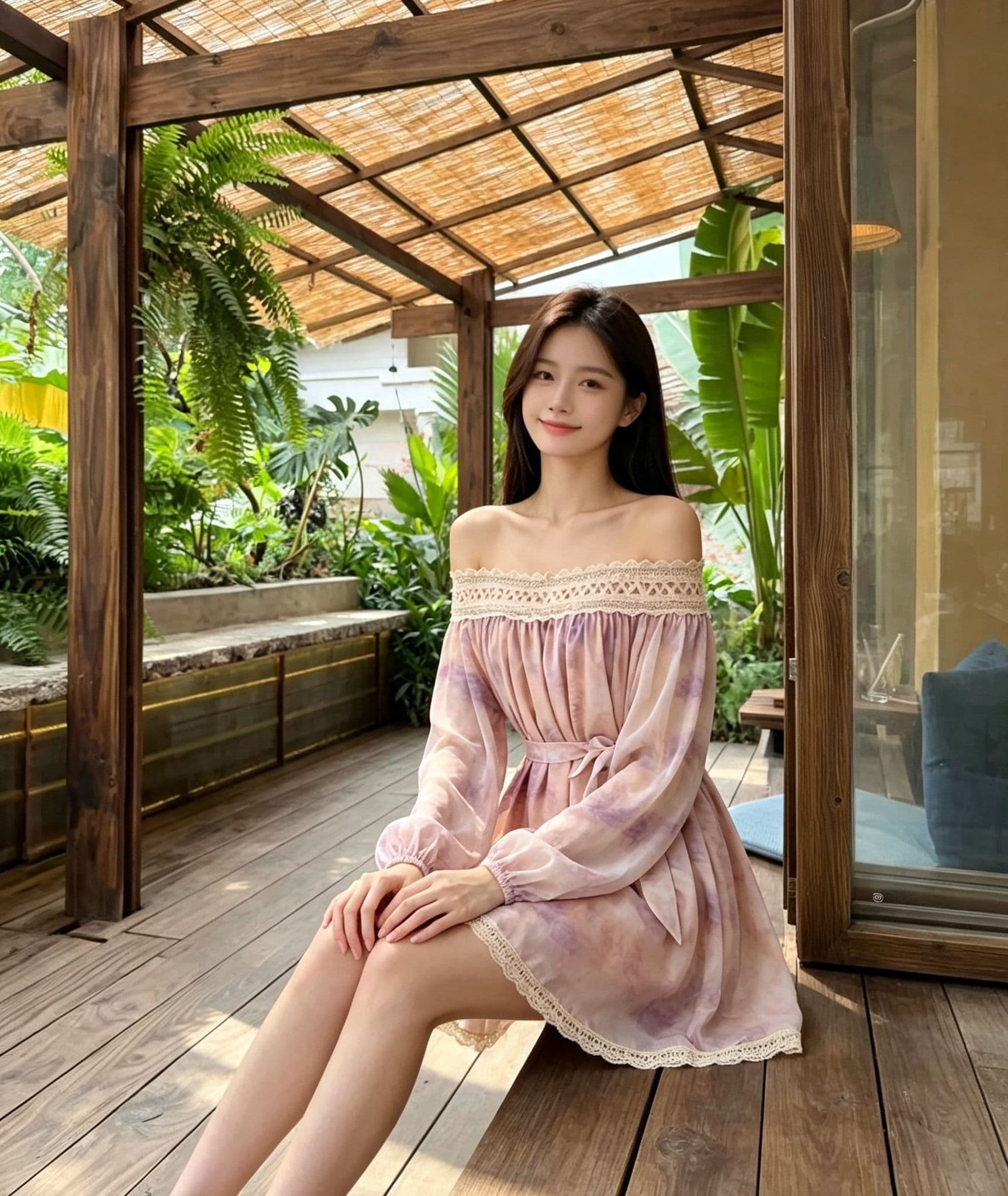 부드러운 분말 보라색 헤일로 염색 오프숄더 여성 드레스 레이스 레이스 버블 긴팔 허리 수축 레이스업 미니 스커트 휴가 분위기 상세 이미지 2