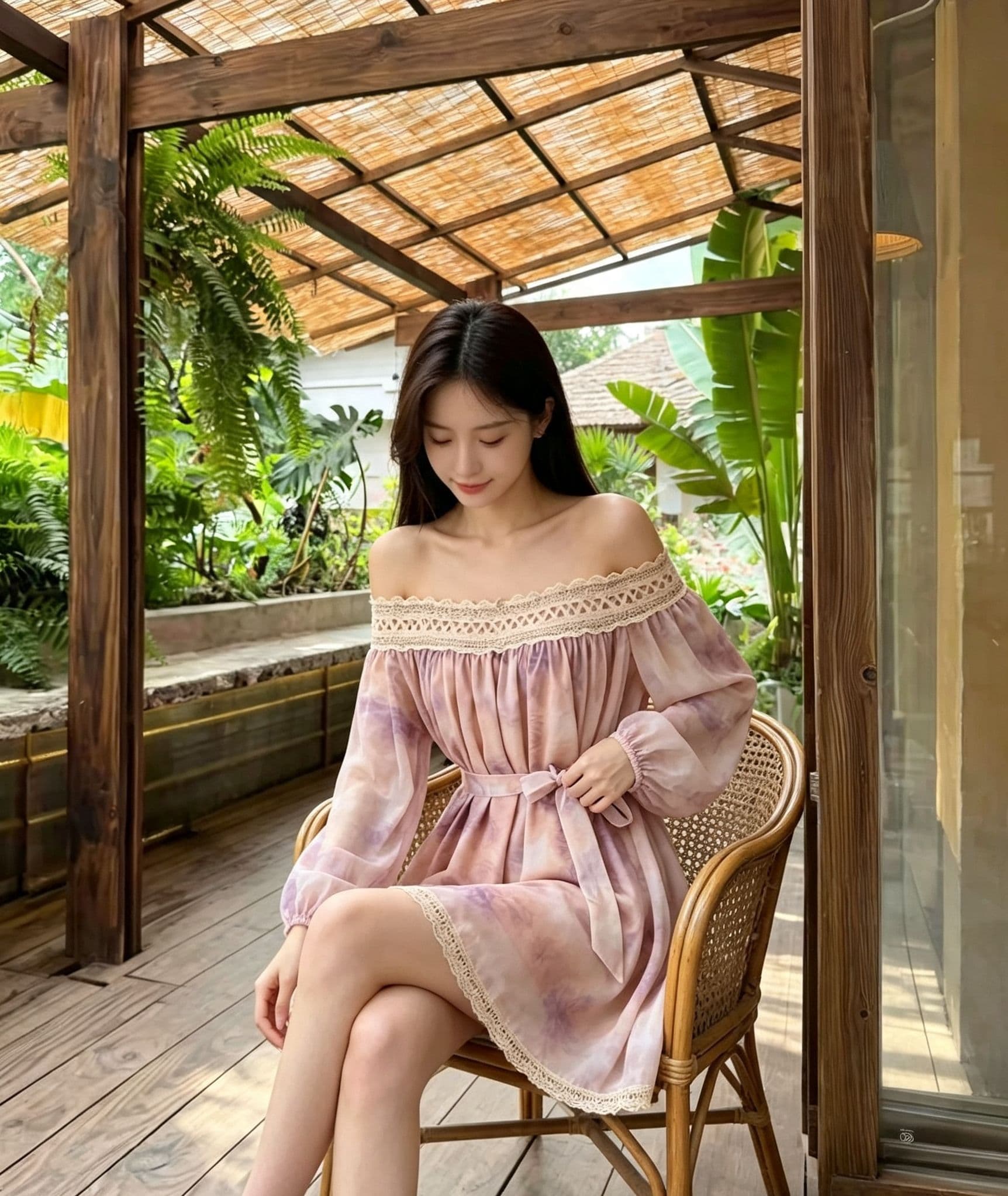 부드러운 분말 보라색 헤일로 염색 오프숄더 여성 드레스 레이스 레이스 버블 긴팔 허리 수축 레이스업 미니 스커트 휴가 분위기 상세 이미지 3