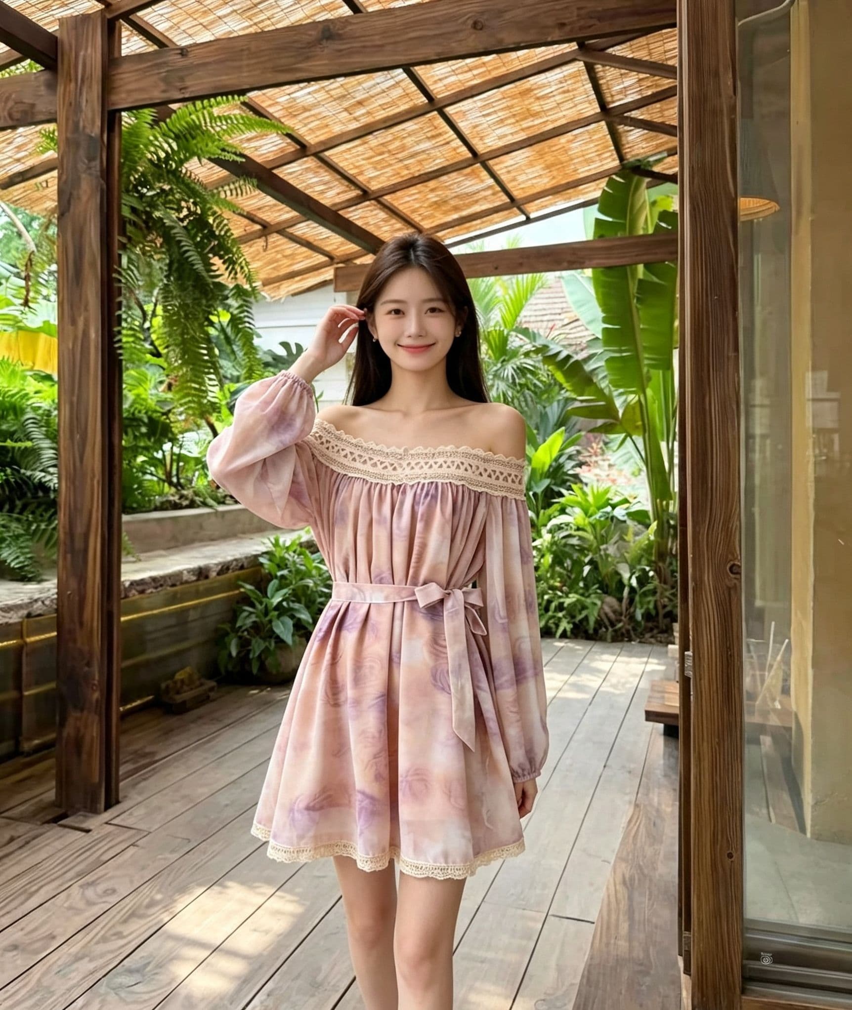 부드러운 분말 보라색 헤일로 염색 오프숄더 여성 드레스 레이스 레이스 버블 긴팔 허리 수축 레이스업 미니 스커트 휴가 분위기 상세 이미지 4