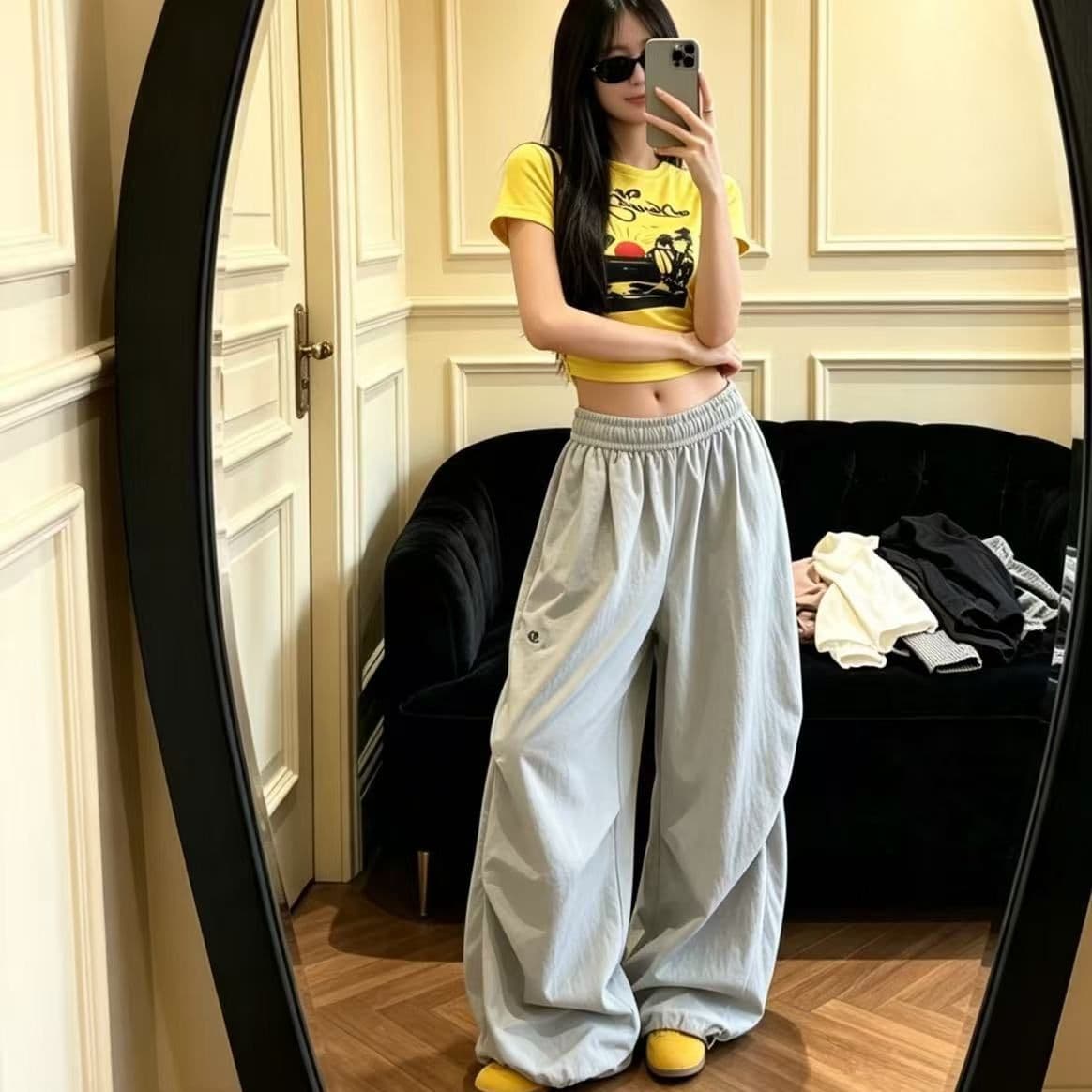 아메리칸 레트로 재즈 캐주얼 워크웨어 팬츠 여성 봄 ins 인터넷 유명인 넓은 다리 루즈핏 운동 춤추기 바지 여성