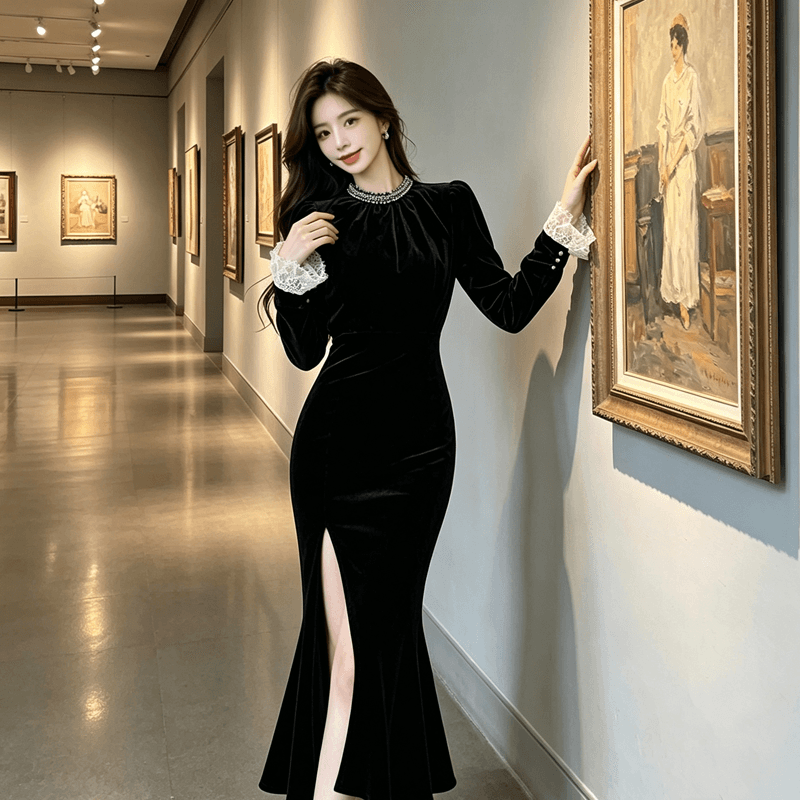프랑스식 작은 샤넬 스타일 검정색 벨벳 여성 드레스 2026 가을 새로운 작은 대중 디자인 센스 슬림해 보이는 연회 롱 스커트 상세 이미지 2