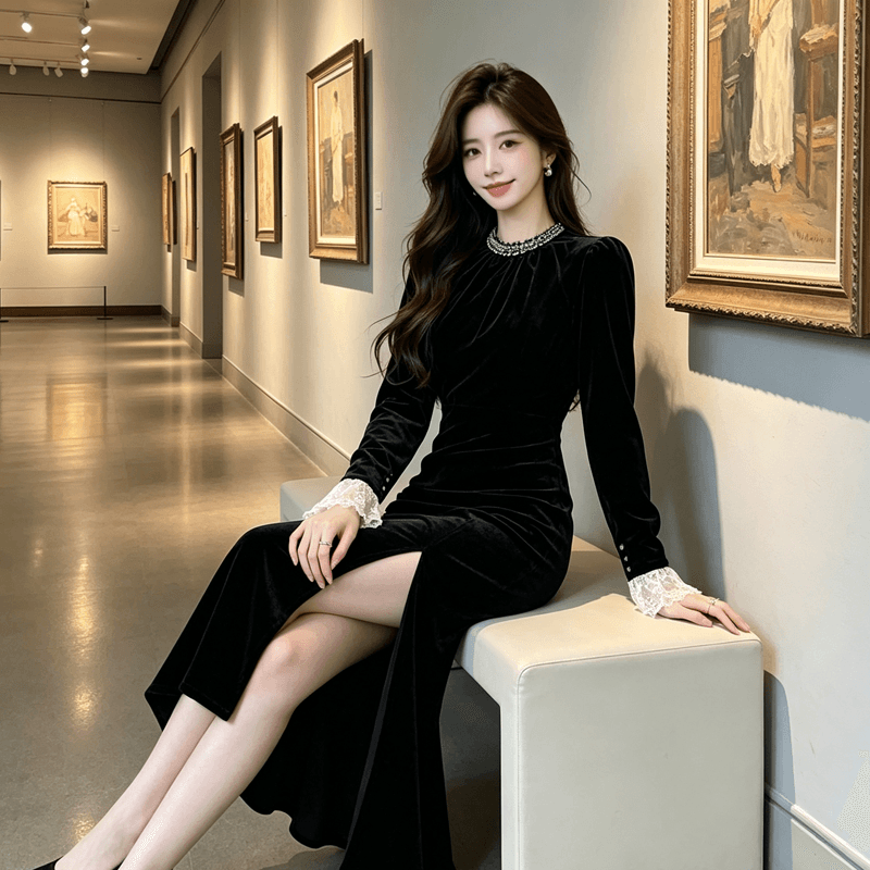 프랑스식 작은 샤넬 스타일 검정색 벨벳 여성 드레스 2026 가을 새로운 작은 대중 디자인 센스 슬림해 보이는 연회 롱 스커트 상세 이미지 4