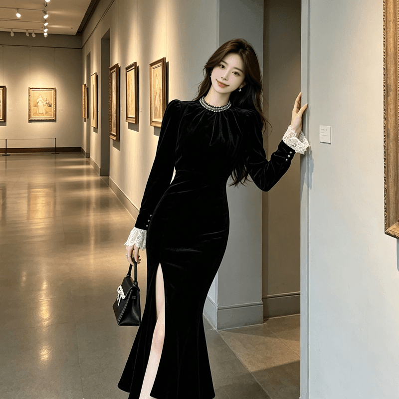프랑스식 작은 샤넬 스타일 검정색 벨벳 여성 드레스 2026 가을 새로운 작은 대중 디자인 센스 슬림해 보이는 연회 롱 스커트 상세 이미지 6