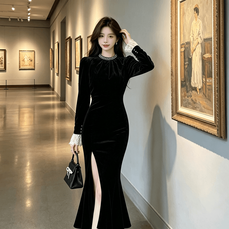 프랑스식 작은 샤넬 스타일 검정색 벨벳 여성 드레스 2026 가을 새로운 작은 대중 디자인 센스 슬림해 보이는 연회 롱 스커트 상세 이미지 8